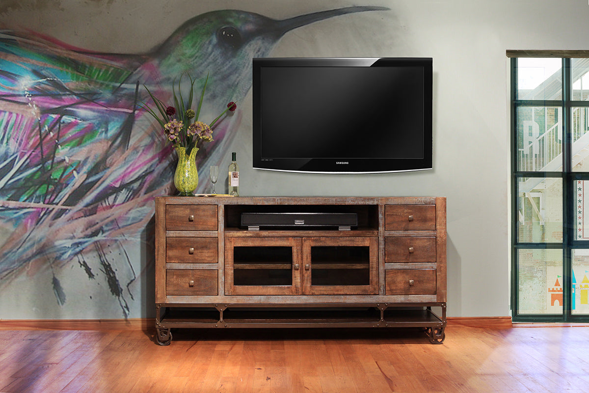 2 Glass Doors, 6 Drawers 76" TV Stand - Brown & Golden Undertones