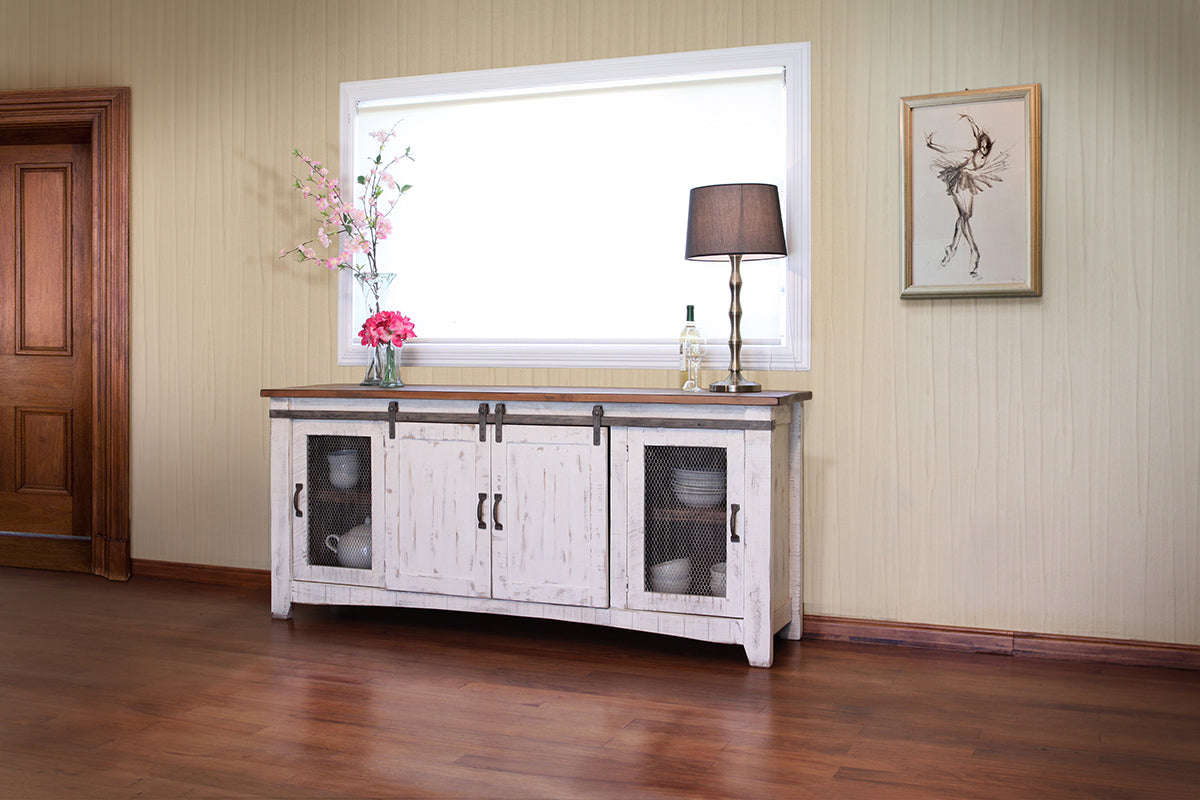 4 Door 80" TV Stand - Antiqued White & Brown