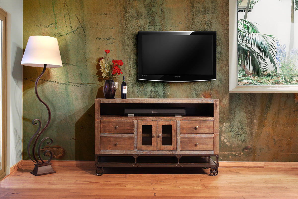 2 Glass Doors 4 Drawers 62" TV Stand - Brown & Golden Undertones