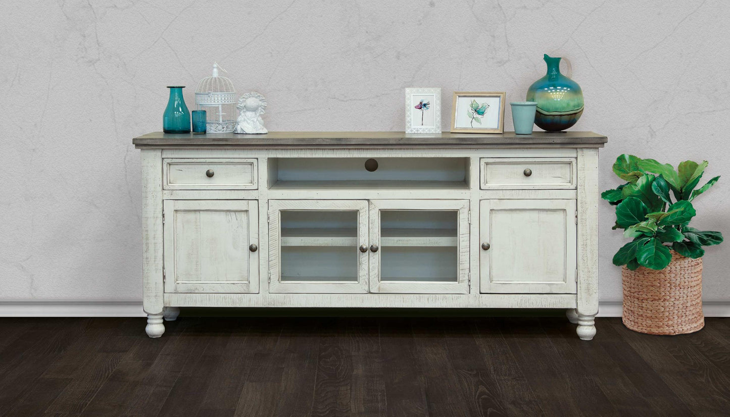 2 Drawer 4 Doors 80" TV Stand - Antiqued Ivory & Weathered Gray