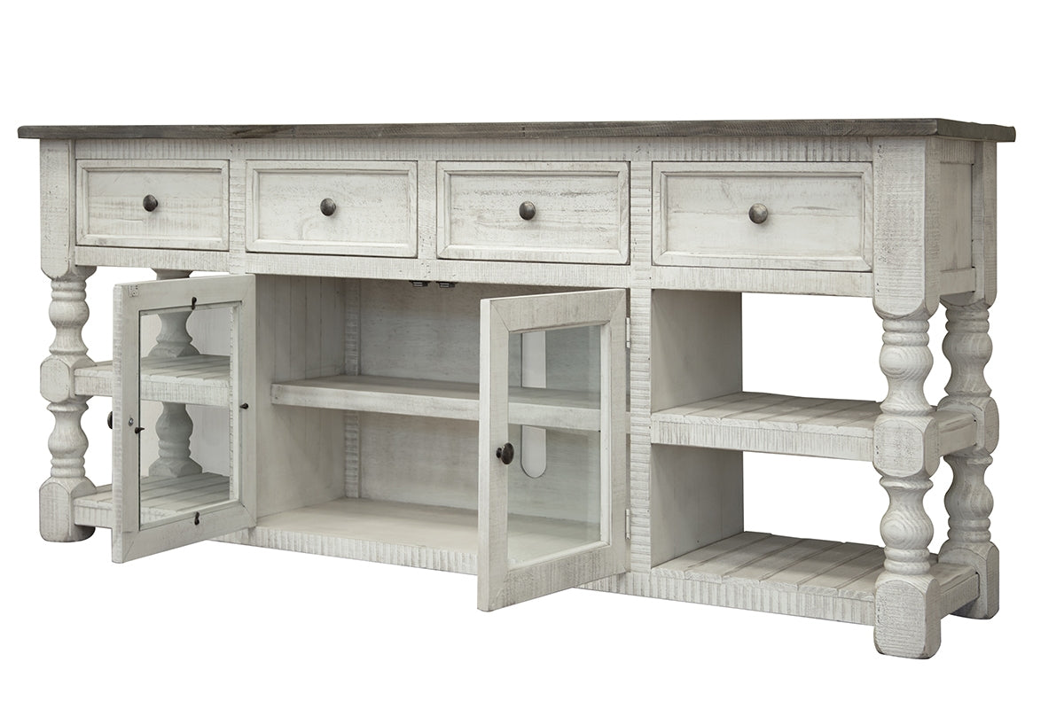 4 Drawer 2 Glass Doors 80" TV Stand - Antiqued Ivory & Weathered Gray