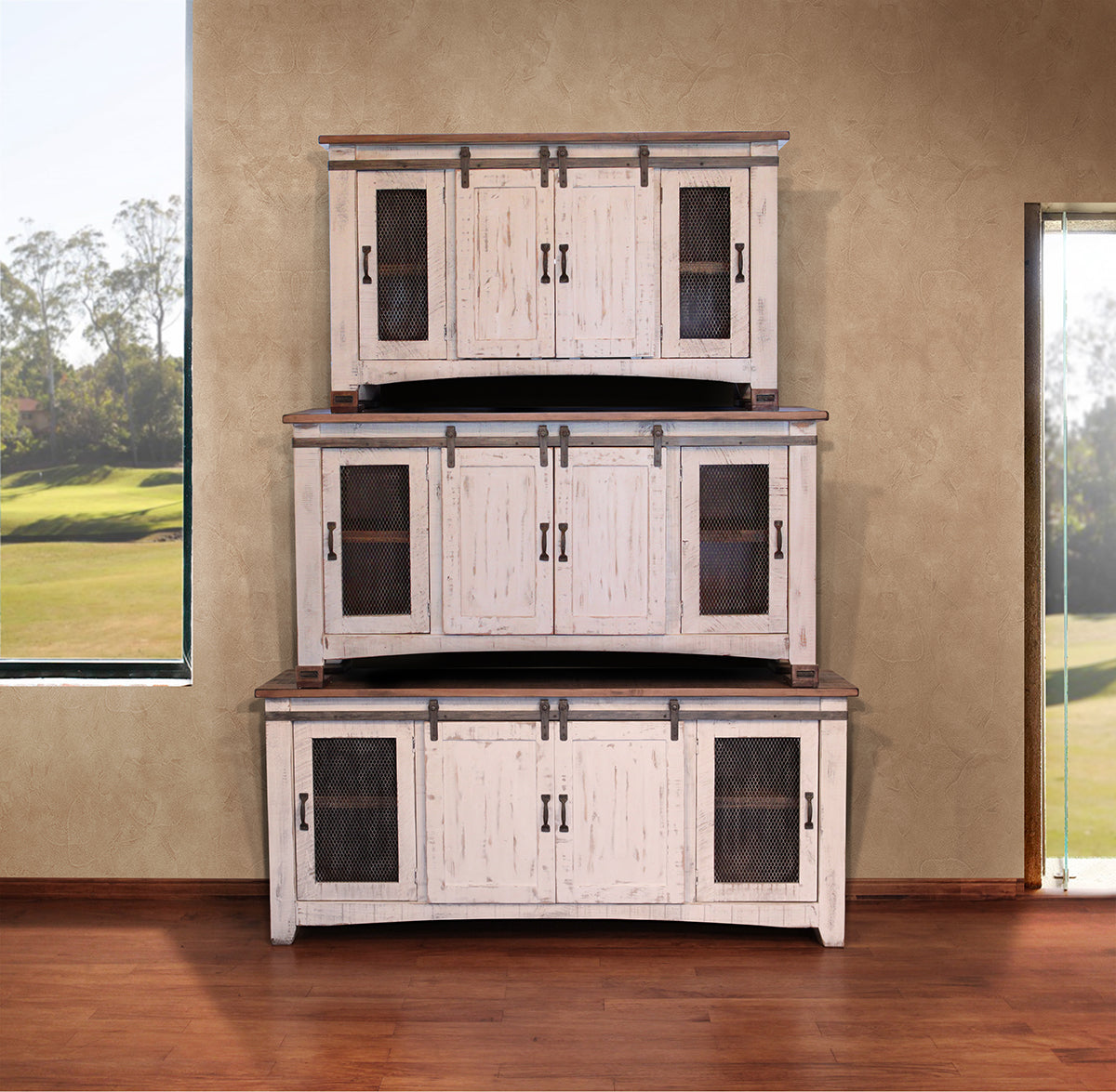 4 Door 70" TV Stand - Antiqued White & Brown