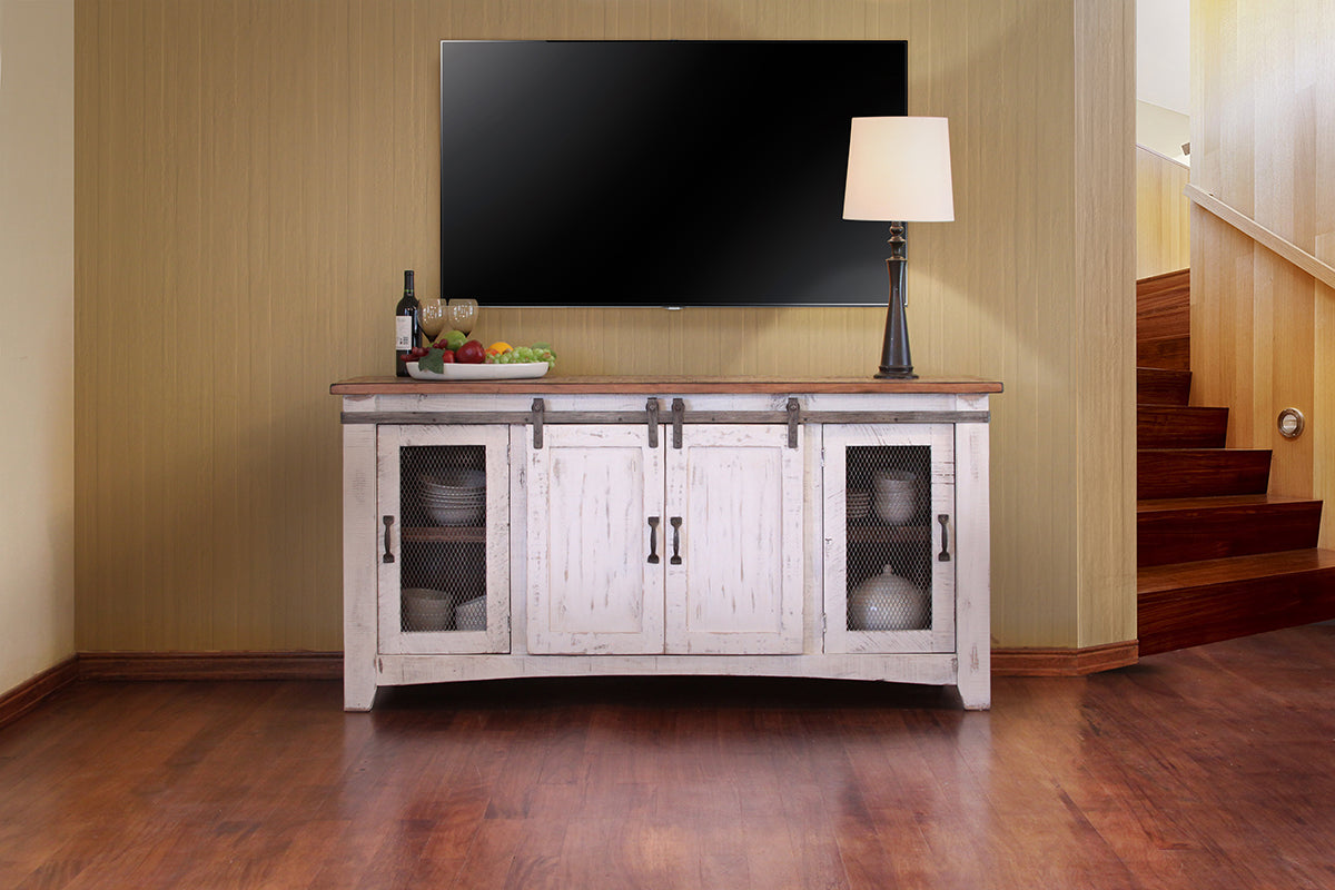 4 Door 70" TV Stand - Antiqued White & Brown