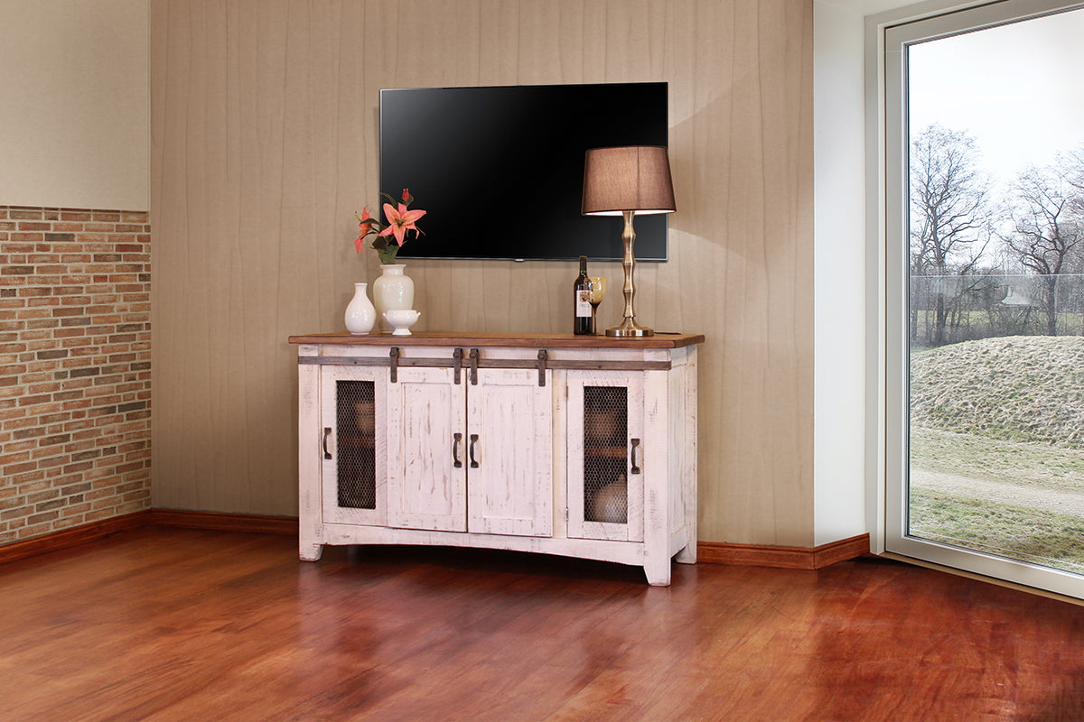4 Door 60" TV Stand - Antiqued White & Brown