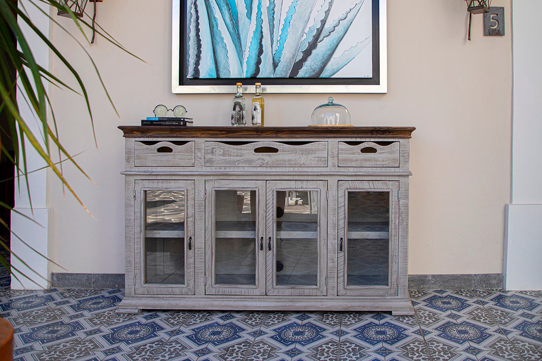 3 Drawer 4 Glass Door Console - Light Gray