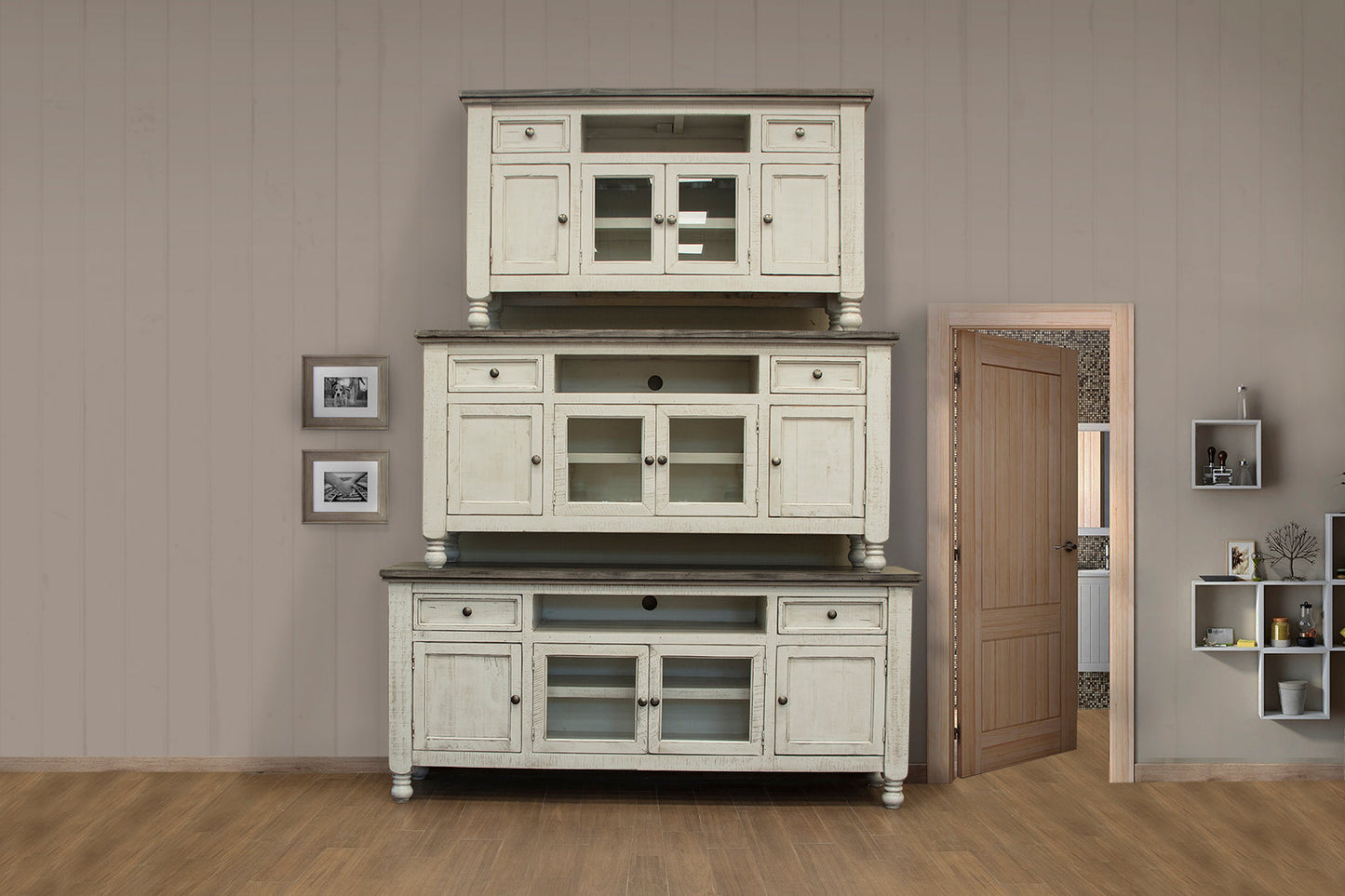 2 Drawer 4 Doors 70" TV Stand - Antiqued Ivory & Weathered Gray
