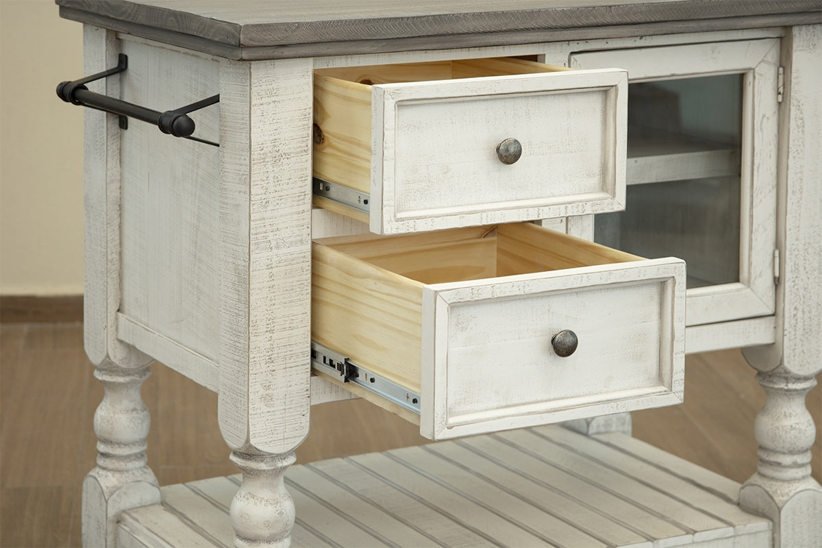 2 Drawer, 1 Glass Door Kitchen Island - Antiqued Ivory & Weathered Gray