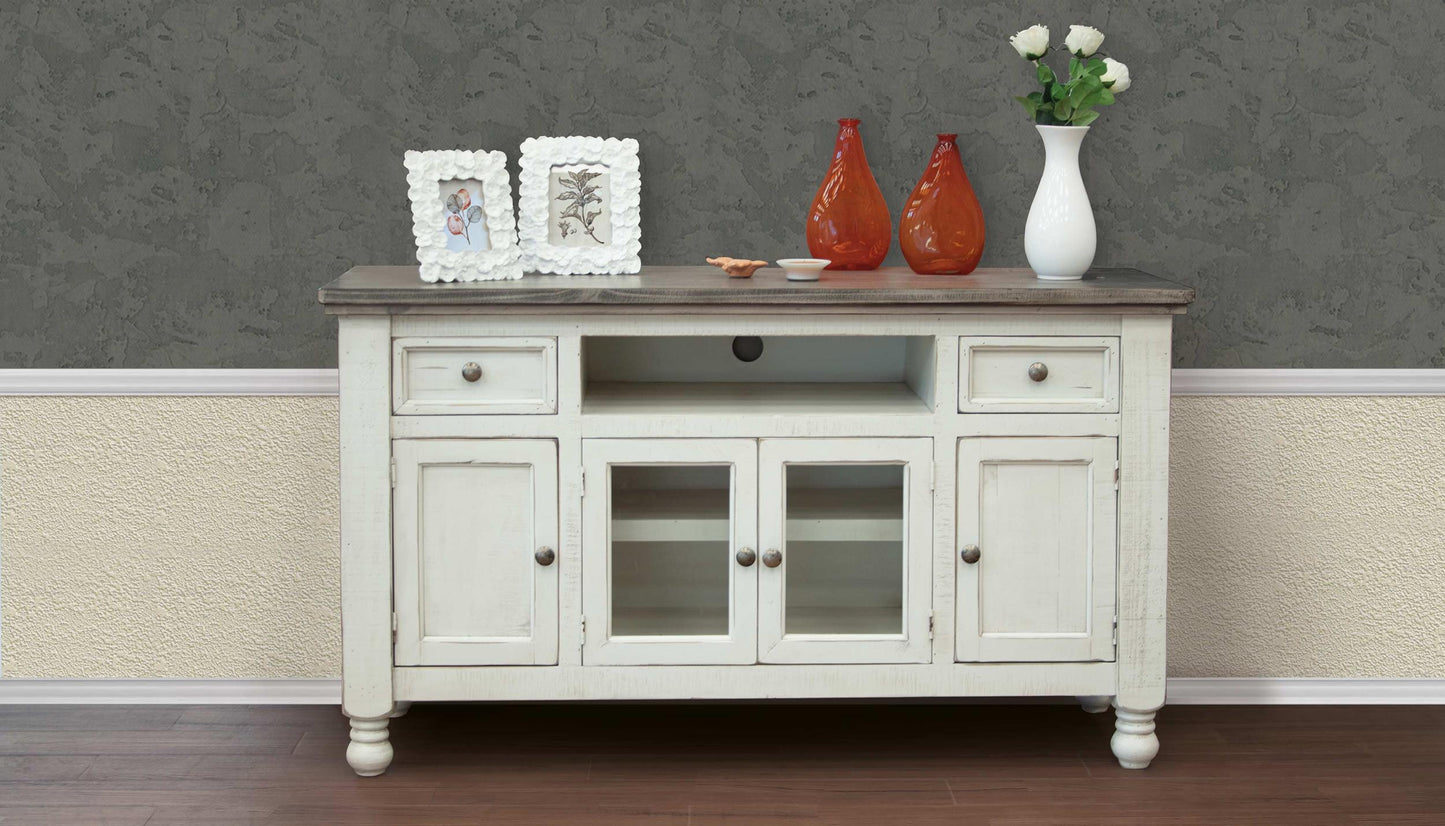 2 Drawer 4 Doors 60" TV Stand - Antiqued Ivory & Weathered Gray