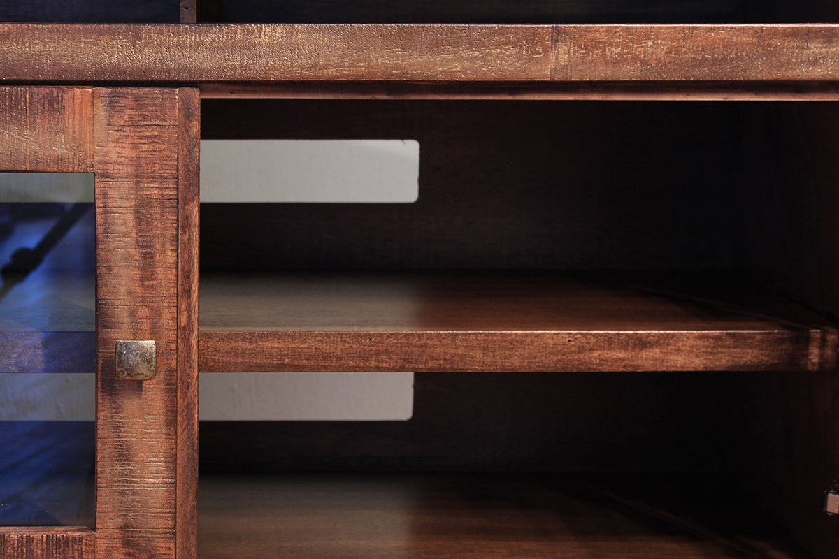 2 Glass Doors, 6 Drawers 76" TV Stand - Brown & Golden Undertones