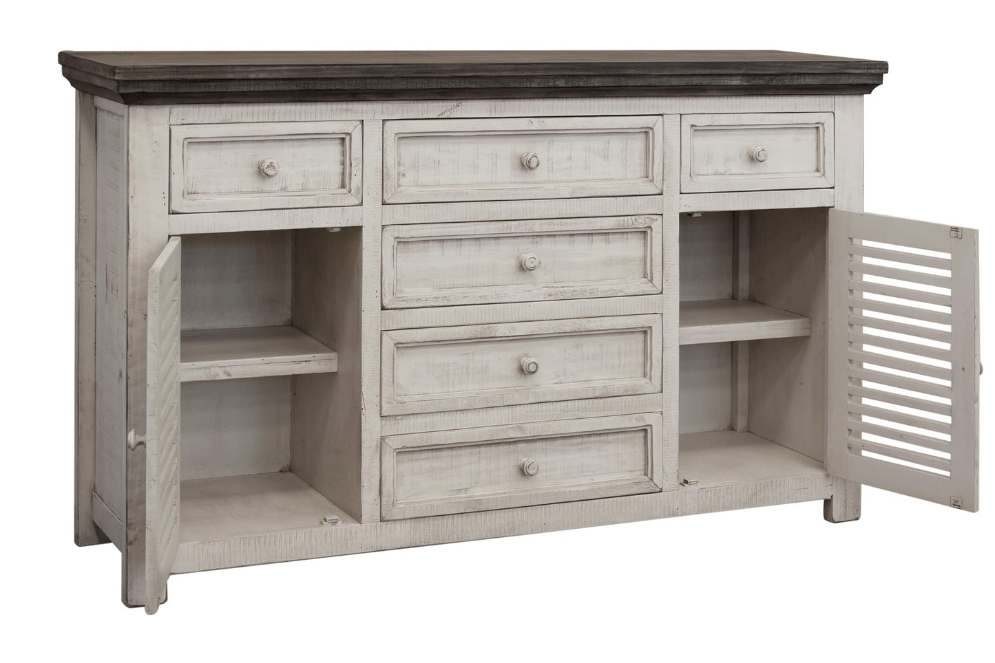 6 Drawer 2 Door Buffet - Antiqued Ivory & Weathered Gray