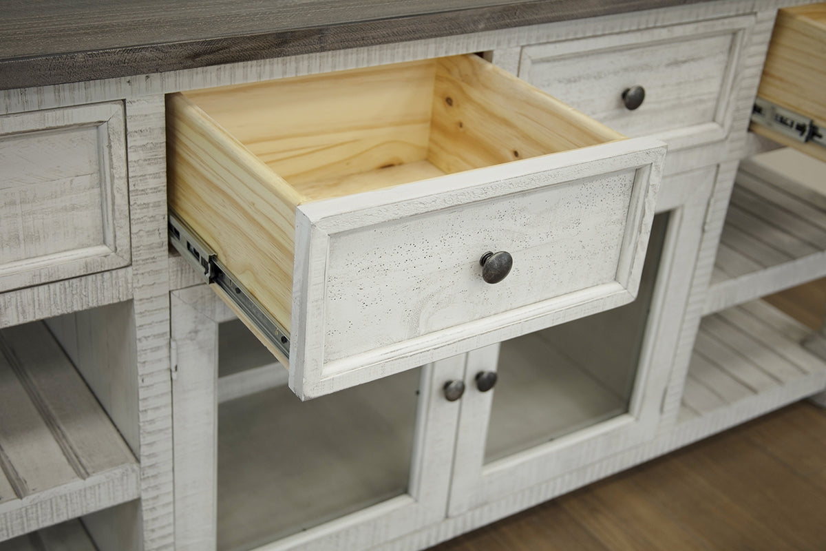 4 Drawer 2 Glass Doors 80" TV Stand - Antiqued Ivory & Weathered Gray