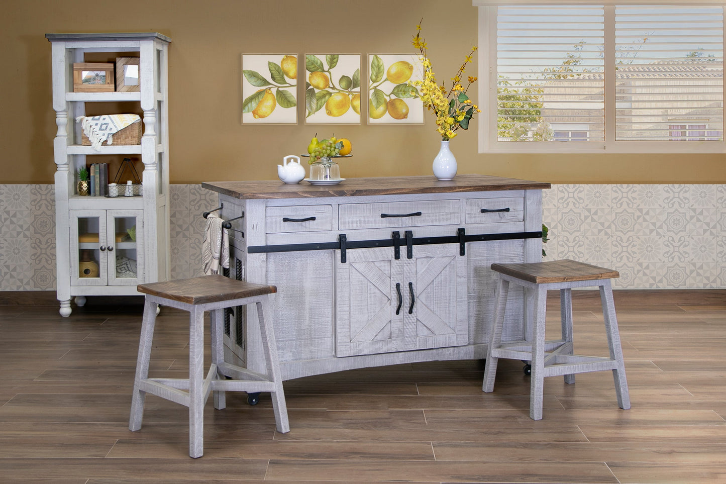 3 Drawer 6 Door Kitchen Island - Light Gray & Brown