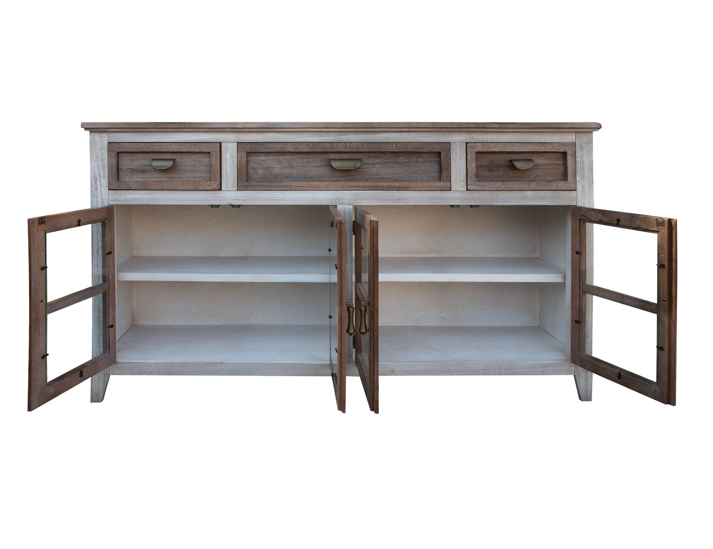 3 Drawer 4 Glass Door Console - Light Cream / Brown Caramel