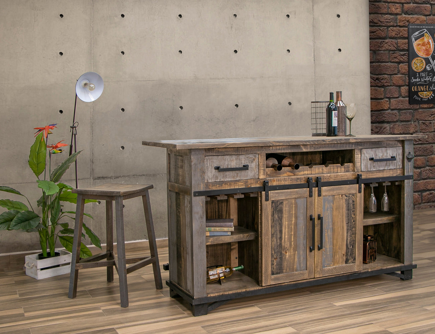 2 Drawer 2 Doors Bar - Two Tone Gray & Brown