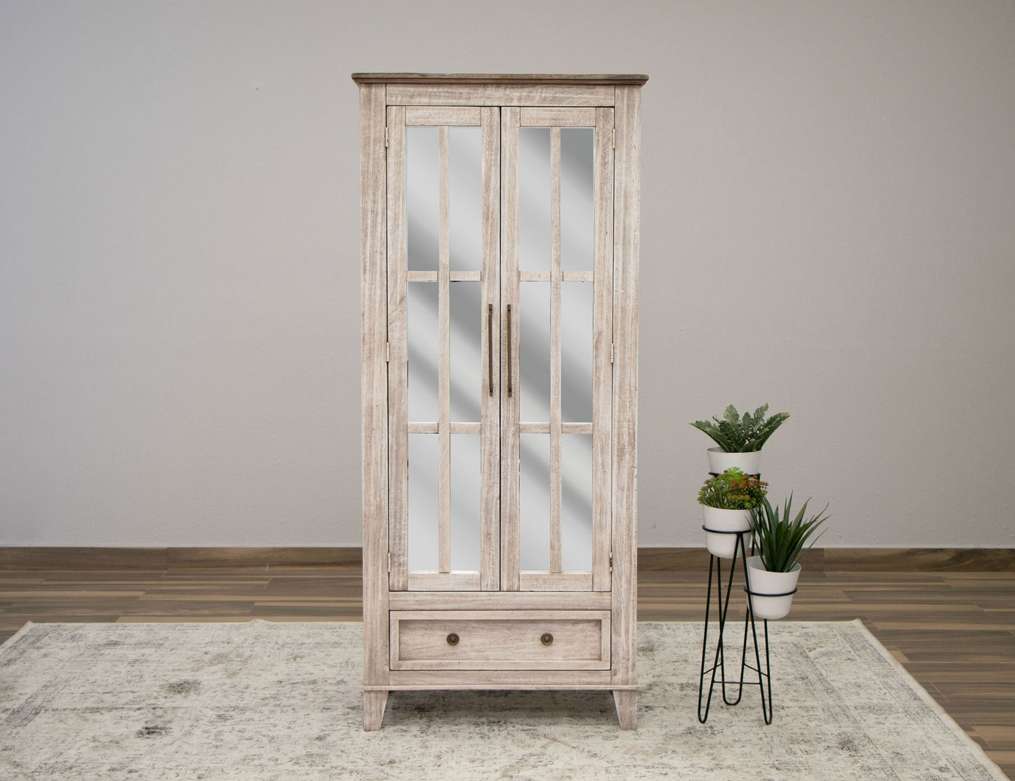 1 Drawer 2 Glass Doors Cabinet - Light Cream / Brown Caramel