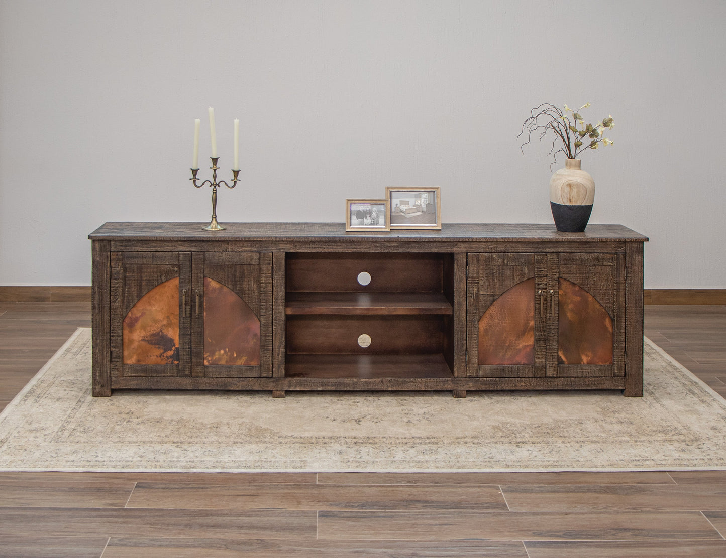 4 Copper-Paneled TV Stand - Charred Brown
