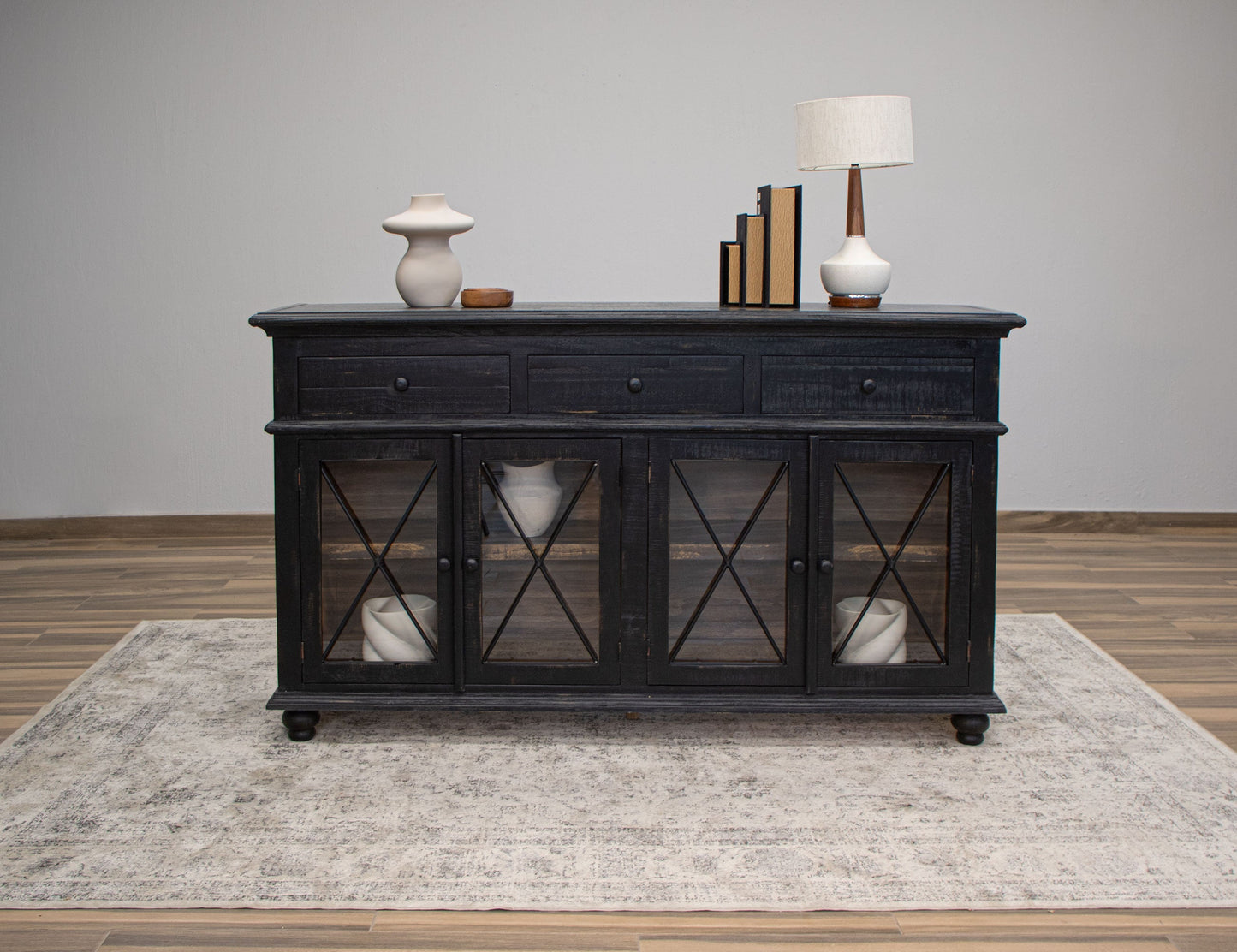 3 Drawer 4 Doors 70" Console - Antiqued Black