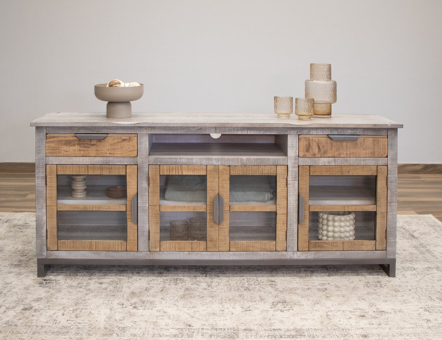 2 Drawer 4 Glass Doors 70" TV Stand - Honey Brown & Light Gray