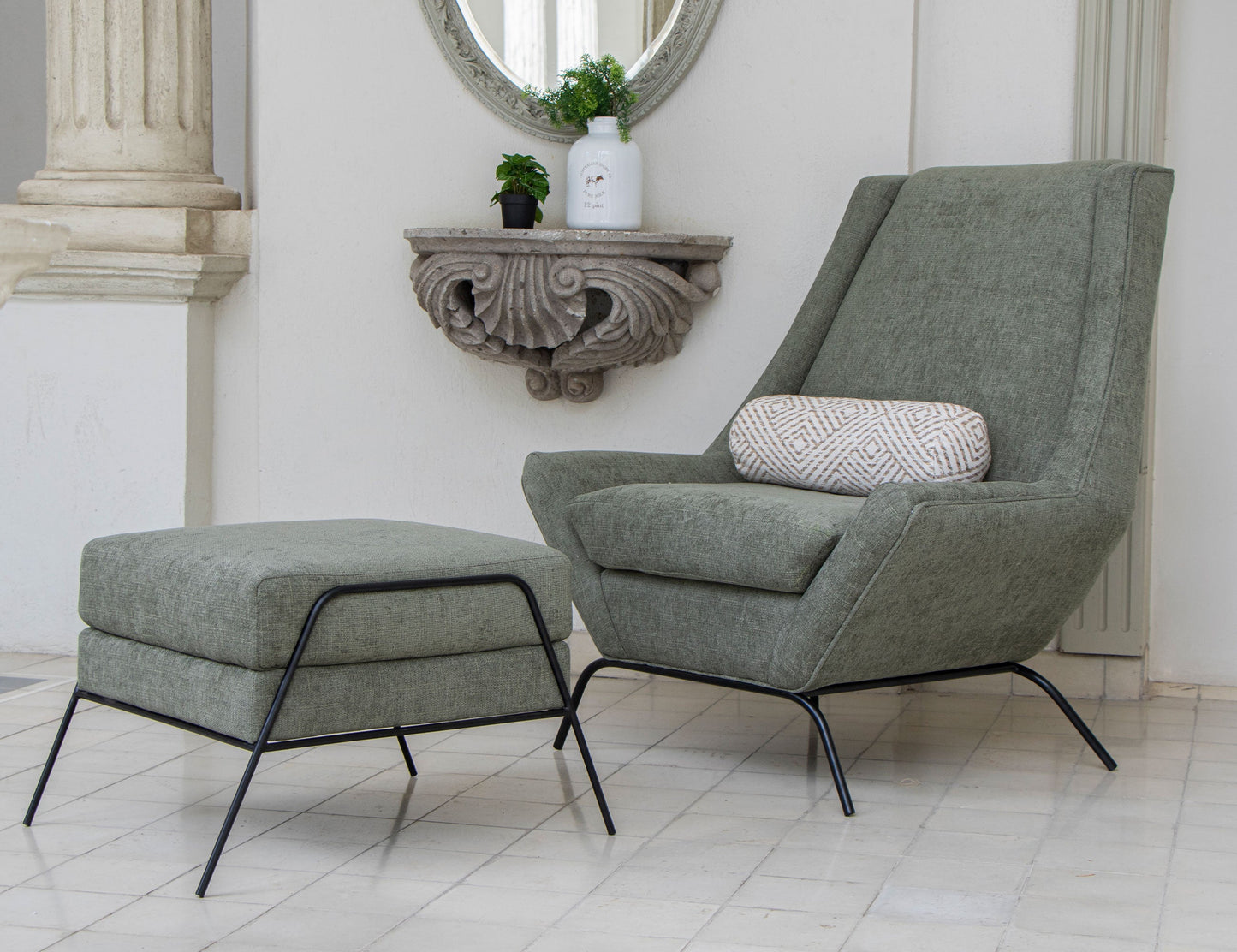 Wooden Frame & Metal Base, Footstool Ottoman - Ecru Beige