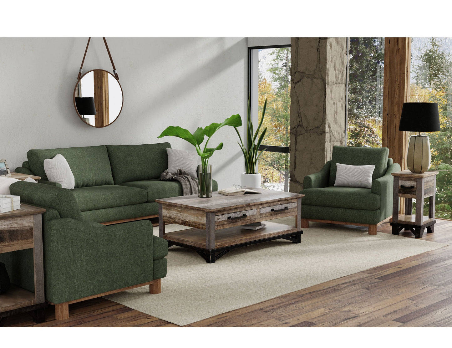 Wooden Frame & Base, Sofa - Olive Green