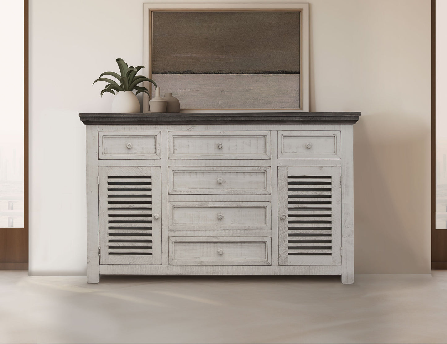 6 Drawer 2 Door Buffet - Antiqued Ivory & Weathered Gray