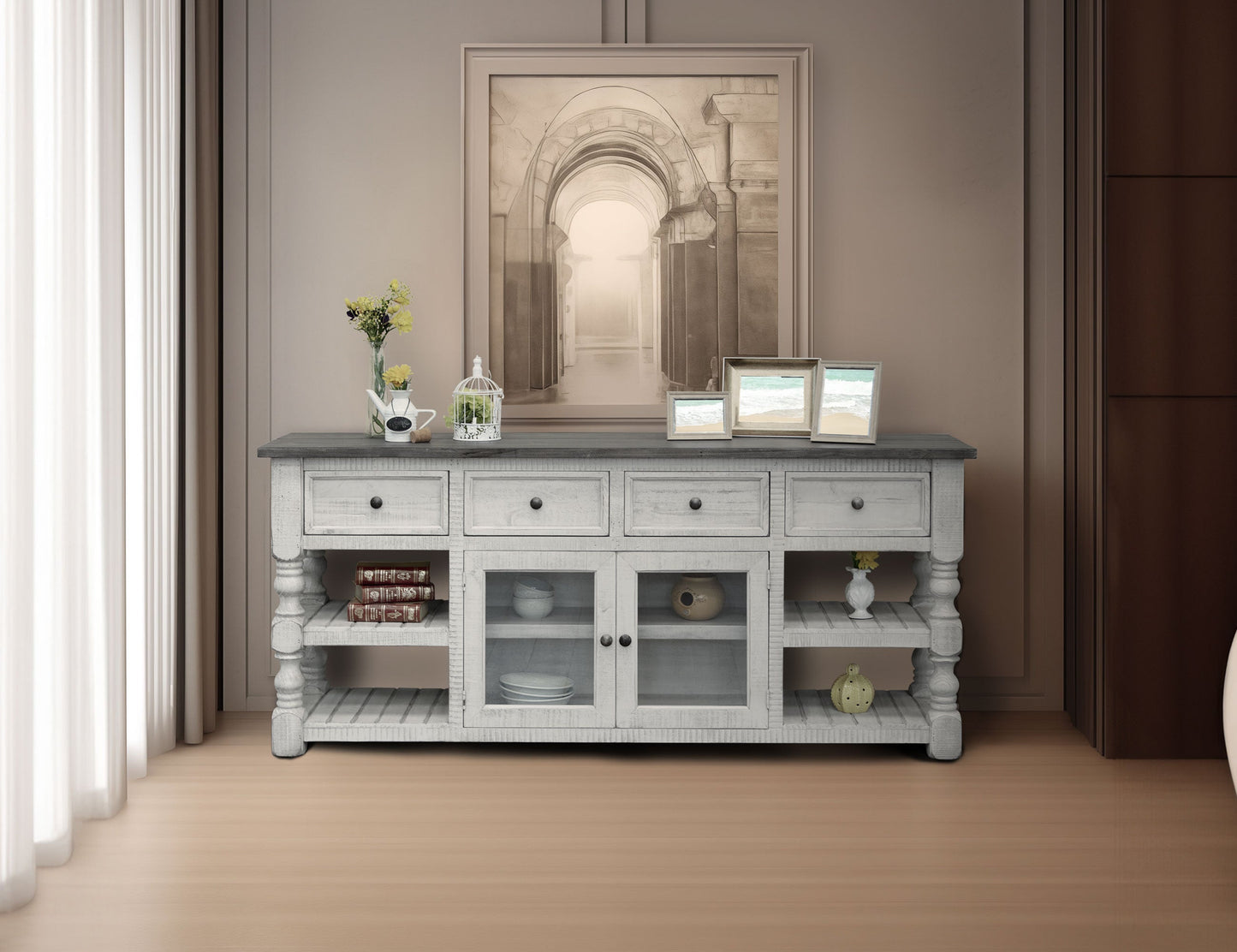 4 Drawer 2 Glass Doors 80" TV Stand - Antiqued Ivory & Weathered Gray
