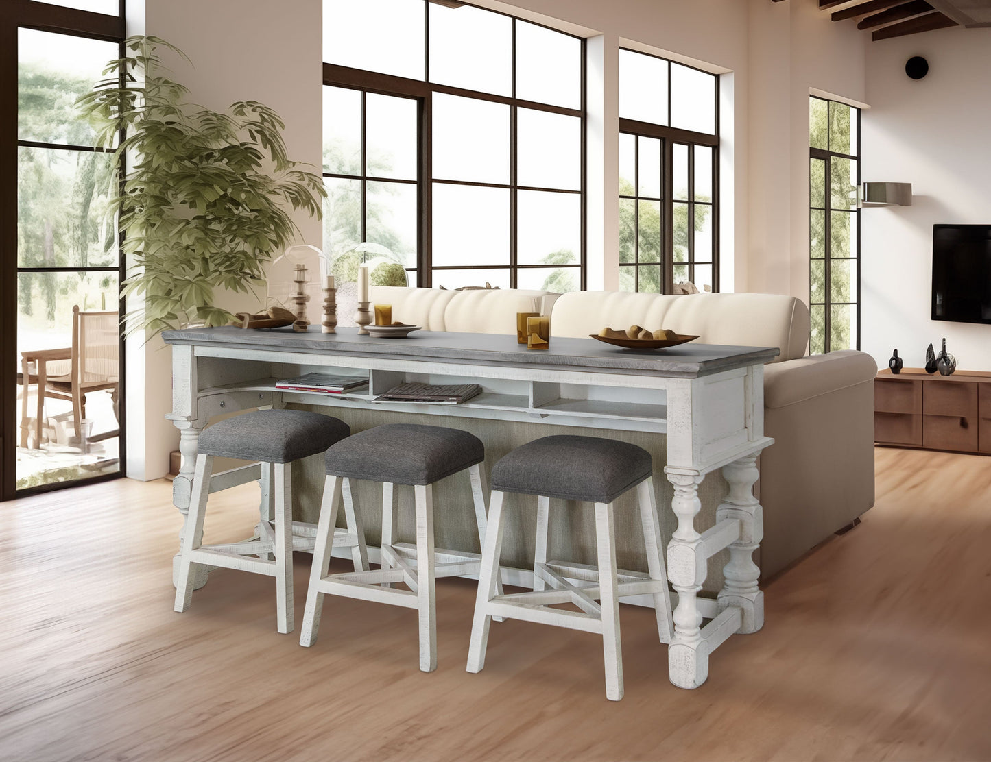 Counter Height Sofa/Console Table - Antiqued Ivory & Weathered Gray