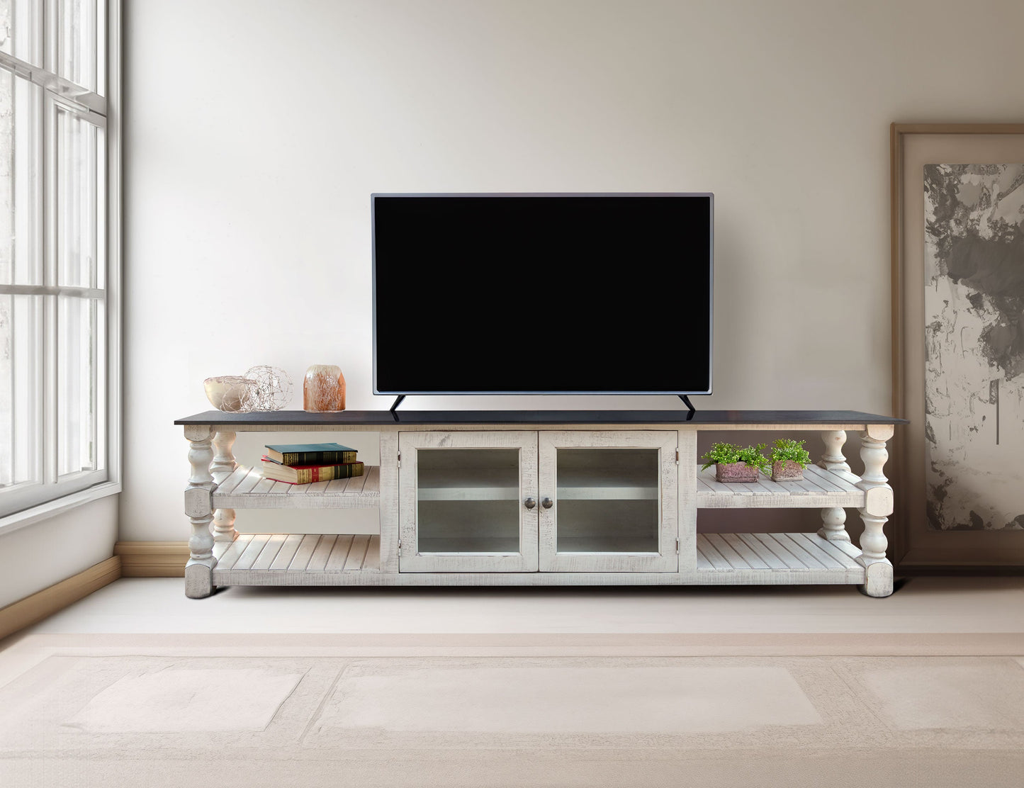 2 Door 93" TV Stand - Antiqued Ivory & Weathered Gray