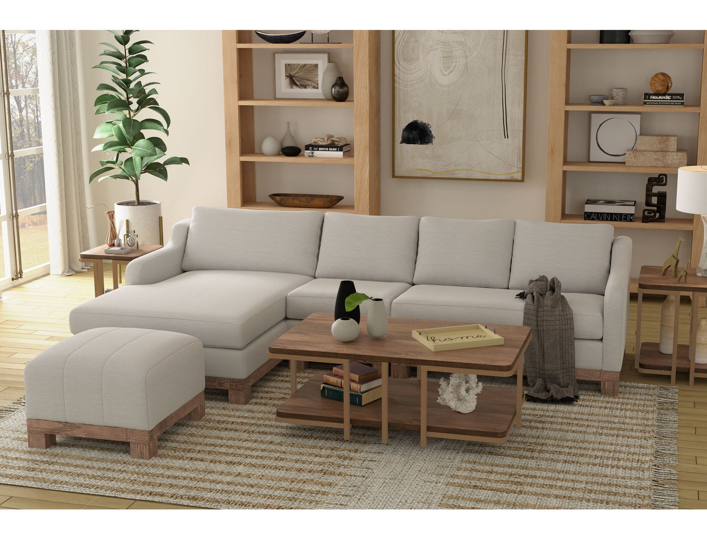 Wooden Frame & Base, Upholstered Square Ottoman - Ecru Beige