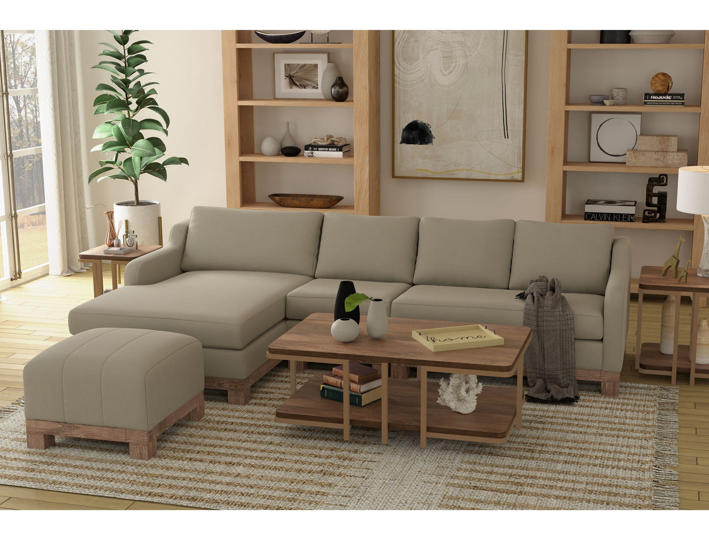 Wooden Frame & Base, Upholstered Square Ottoman - Almond Gray