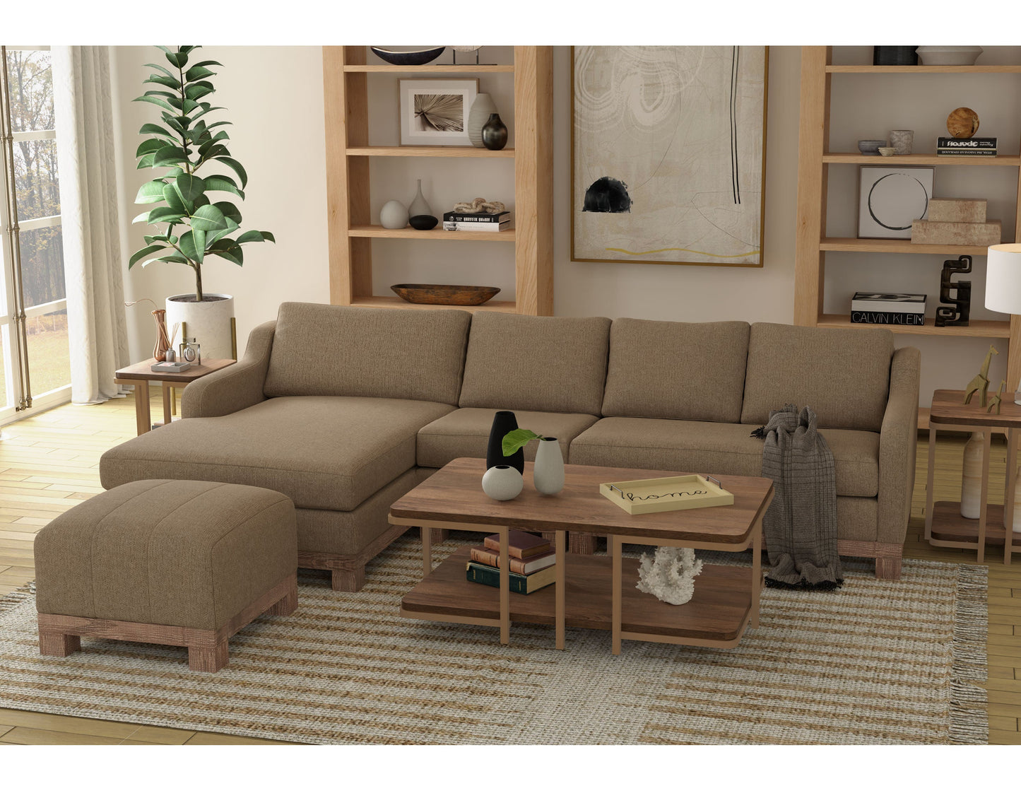 Wooden Frame & Base, Sectional - Brown Caramel