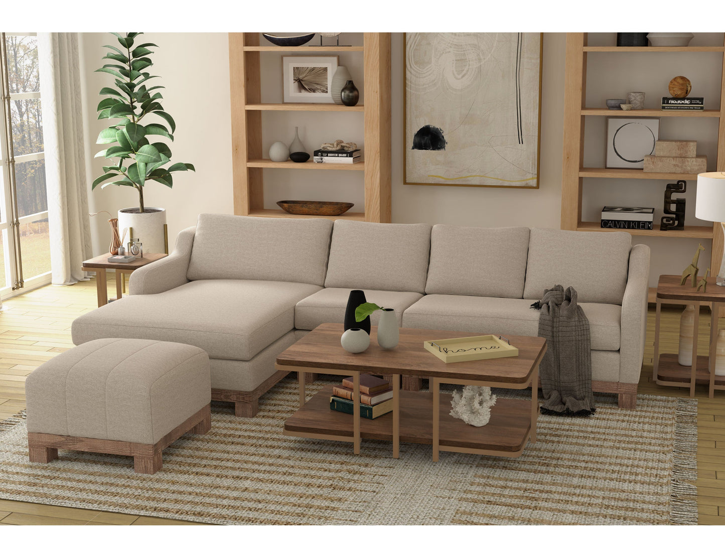 Wooden Frame & Base, Upholstered Square Ottoman - Agreeable Gray