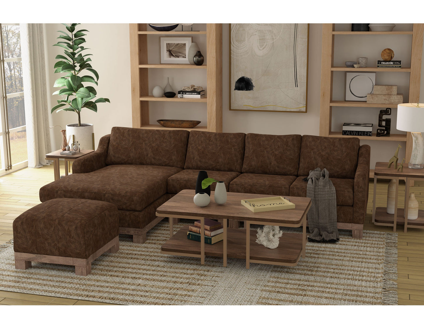 Wooden Frame & Base, Upholstered Square Ottoman - Chocolate Brown
