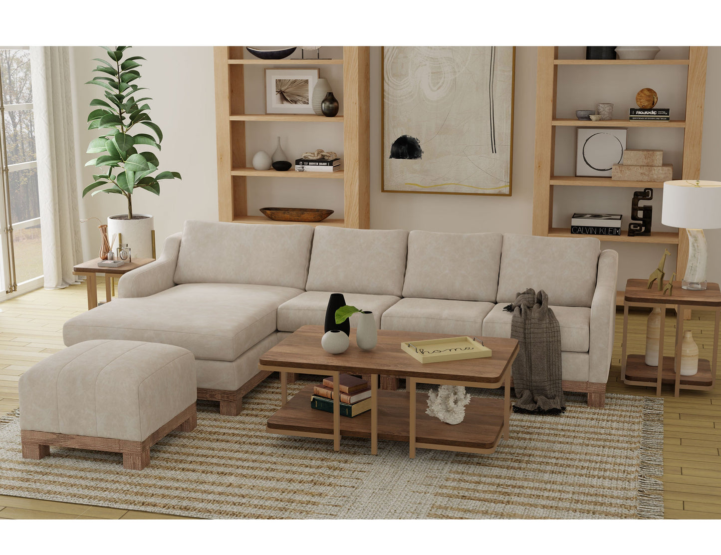 Wooden Frame & Base, Upholstered Square Ottoman - Ivory