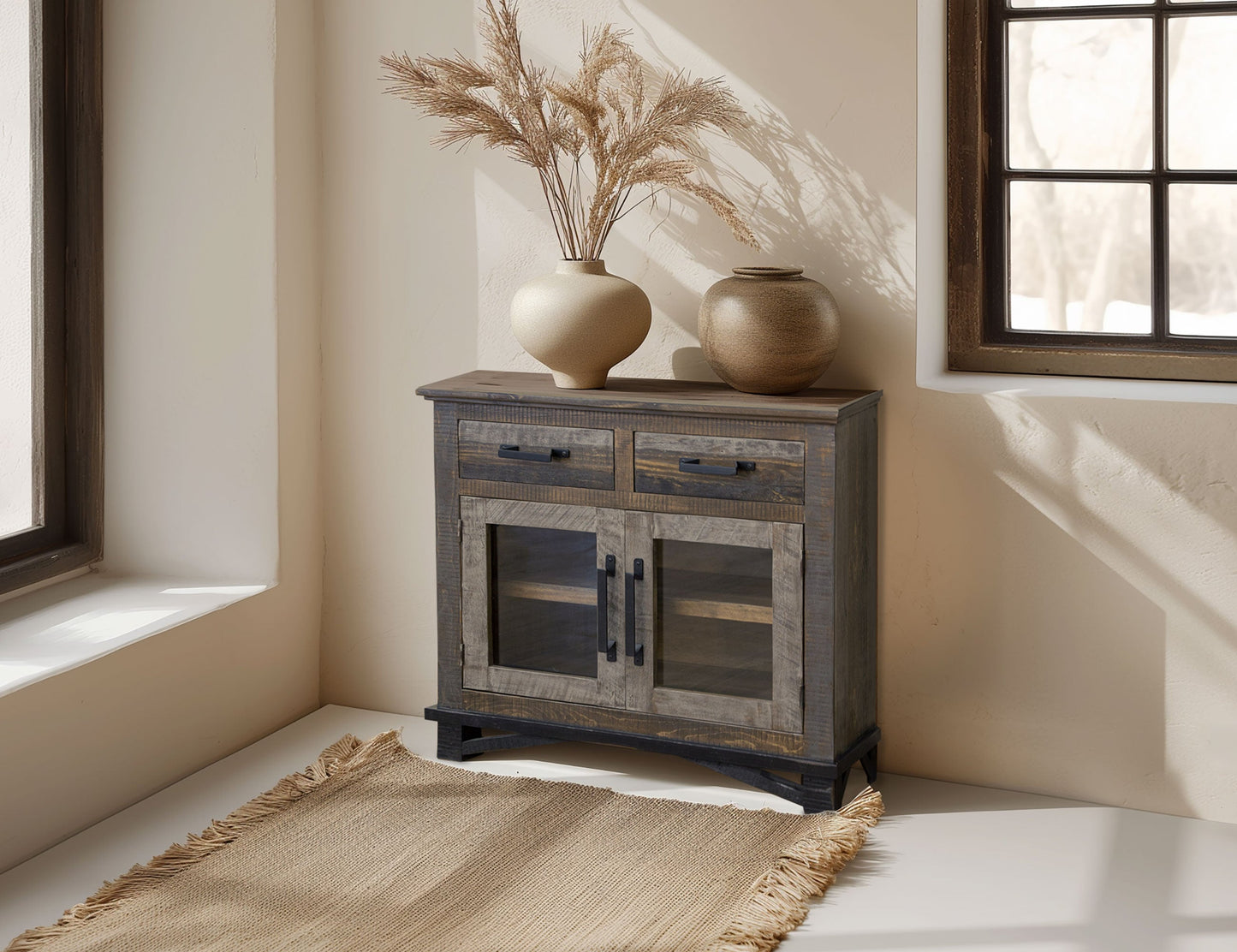 2 Drawer 2 Doors Server - Two Tone Gray & Brown