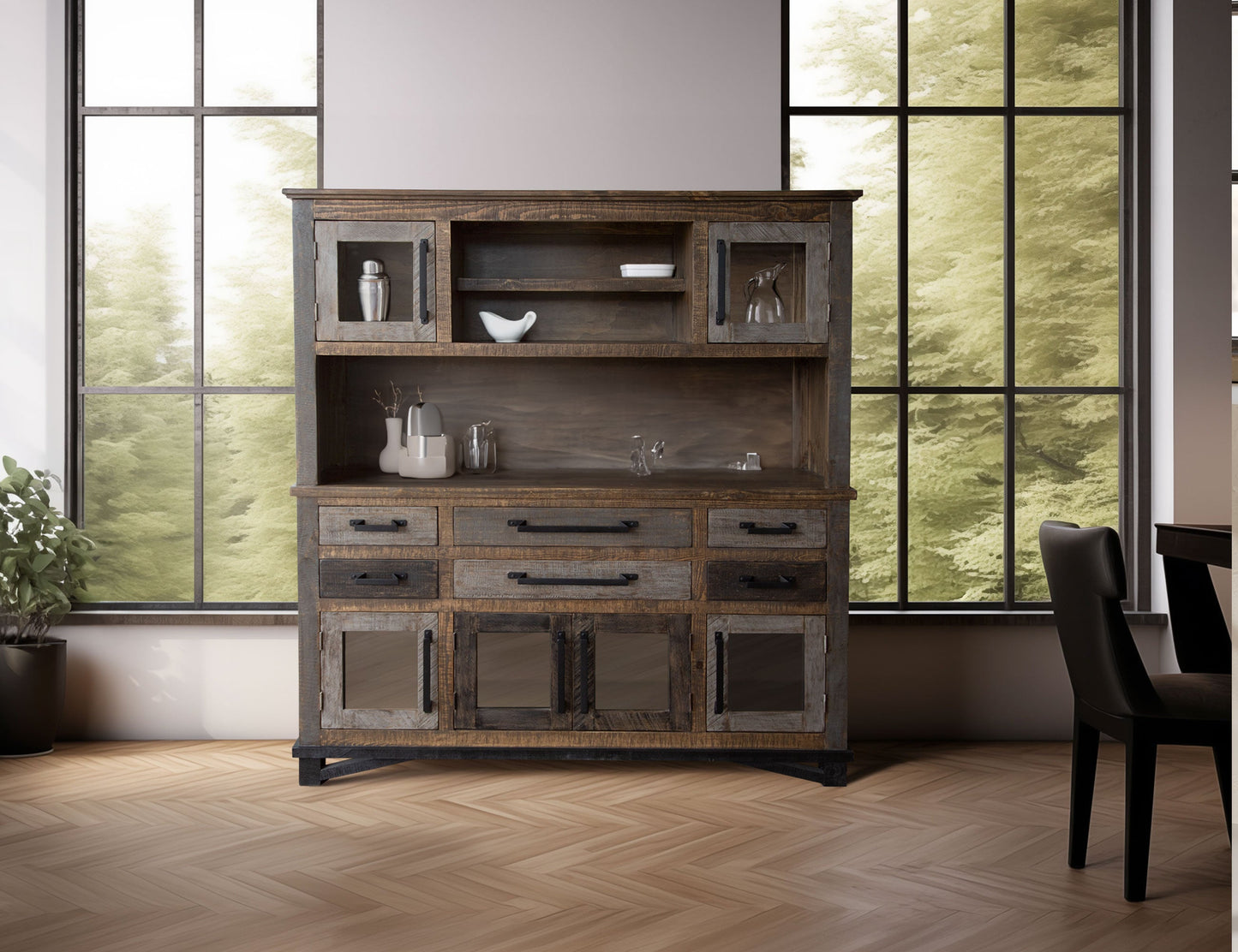 6 Drawer, 6 Doors Buffet & Hutch - Two Tone Gray & Brown