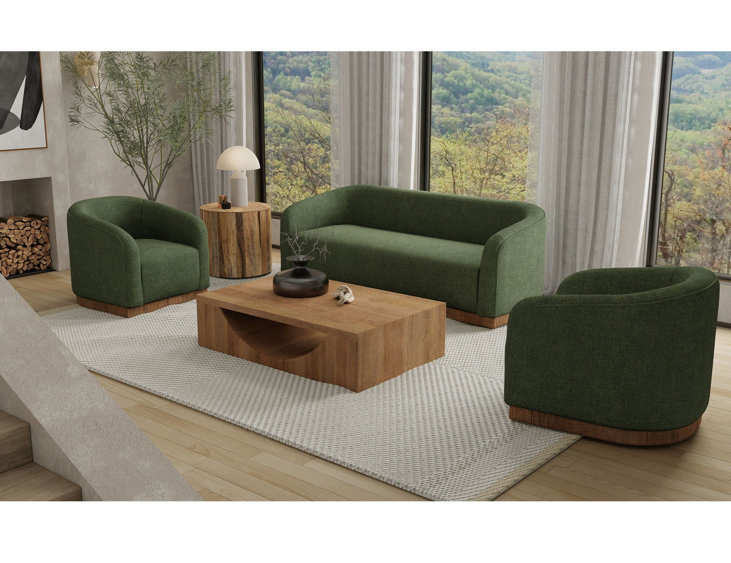 Wooden Frame & Base, Sofa - Olive Green