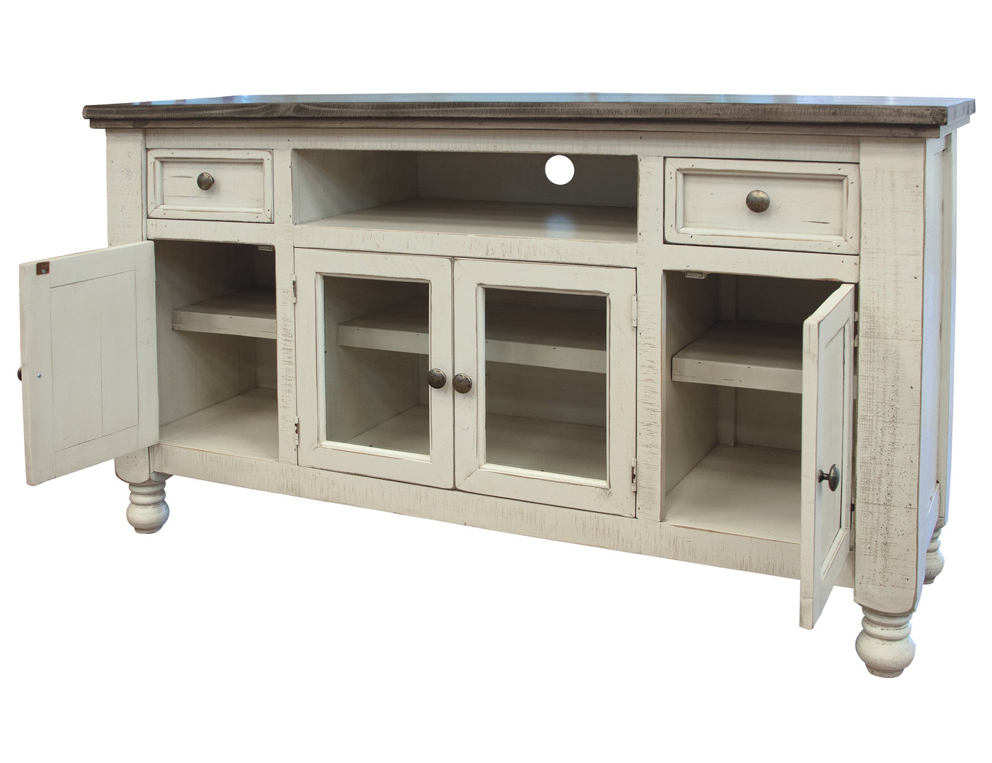 2 Drawer 4 Doors 60" TV Stand - Antiqued Ivory & Weathered Gray