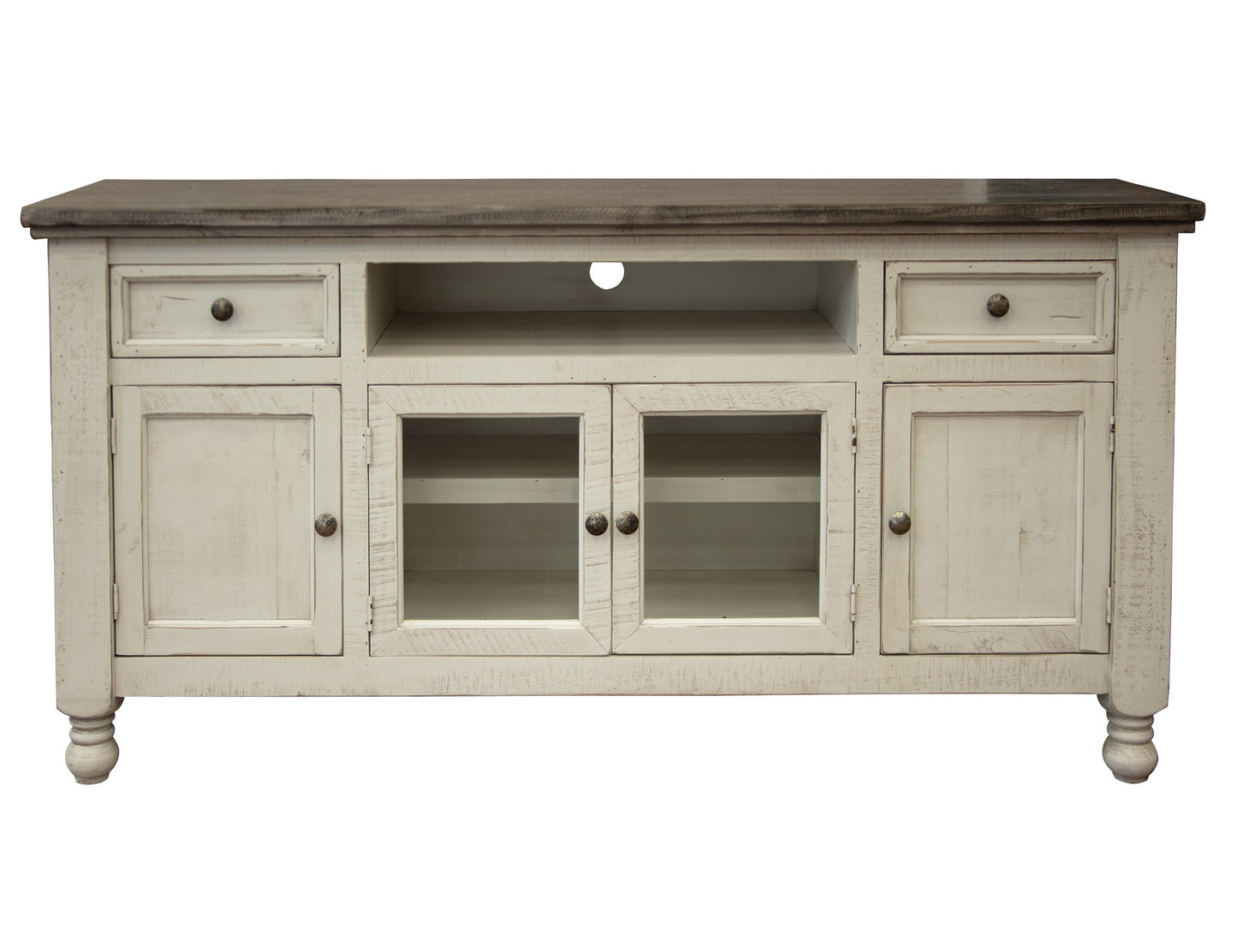 2 Drawer 4 Doors 70" TV Stand - Antiqued Ivory & Weathered Gray