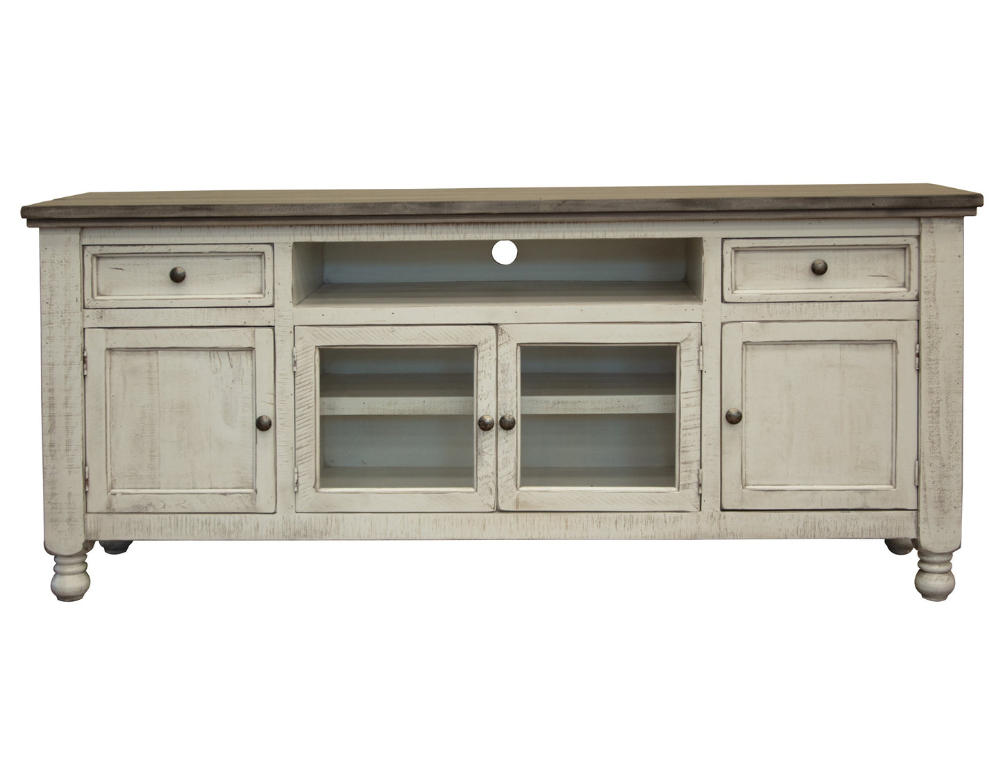 2 Drawer 4 Doors 80" TV Stand - Antiqued Ivory & Weathered Gray