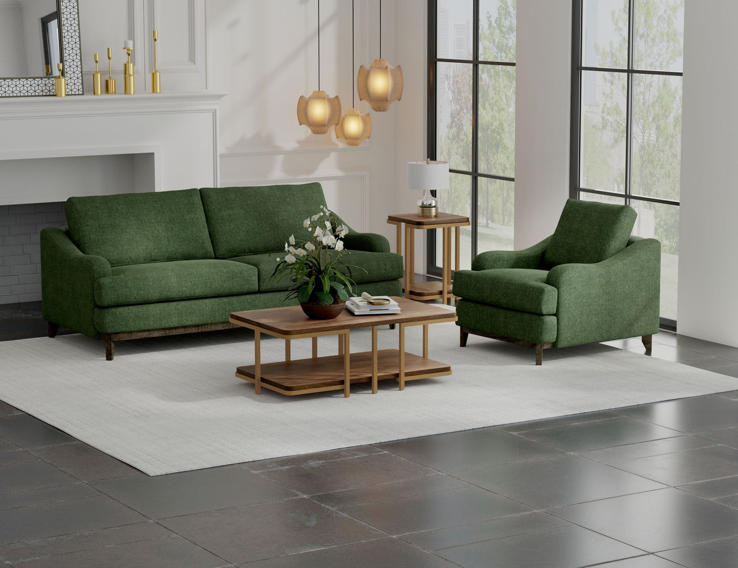 Wooden Frame & Base, Sofa - Olive Green