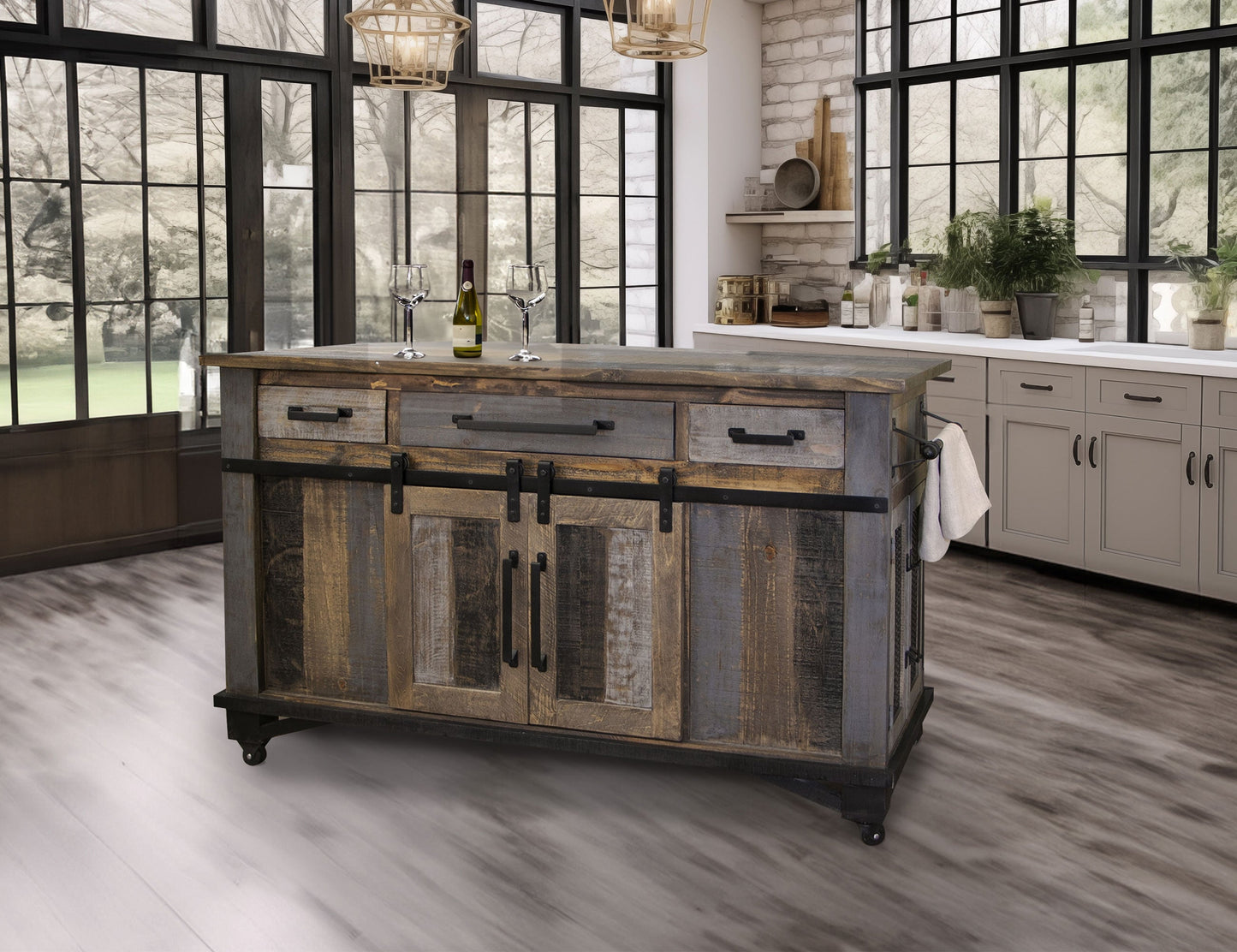 3 Drawer 6 Doors Kitchen Island - Two Tone Gray & Brown
