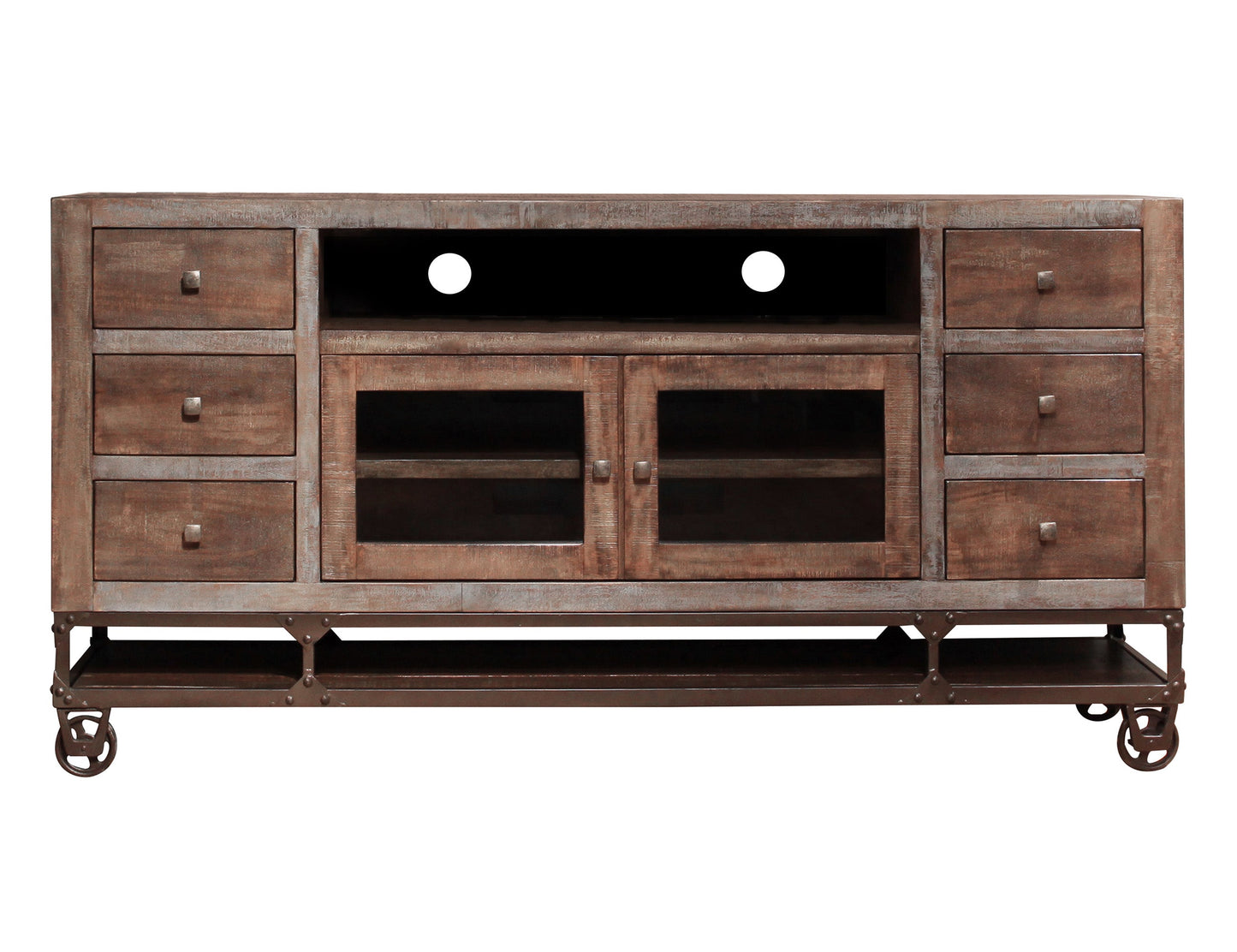 2 Glass Doors, 6 Drawers 76" TV Stand - Brown & Golden Undertones