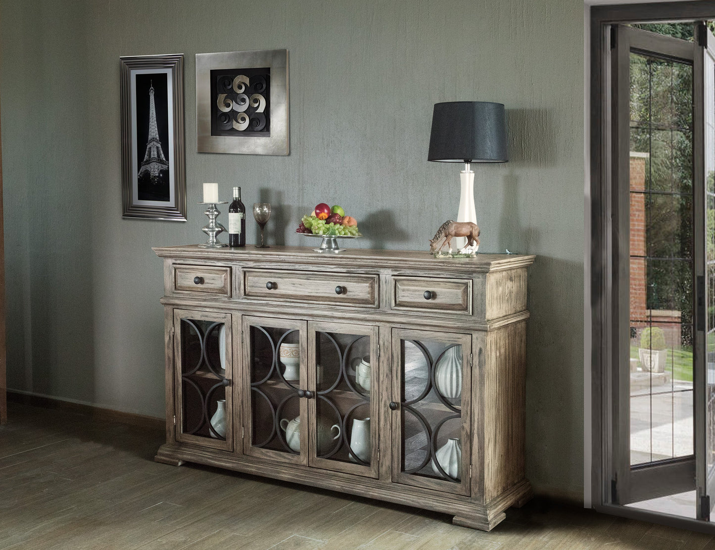 4 Glass Doors 3 Drawers Console - Sand