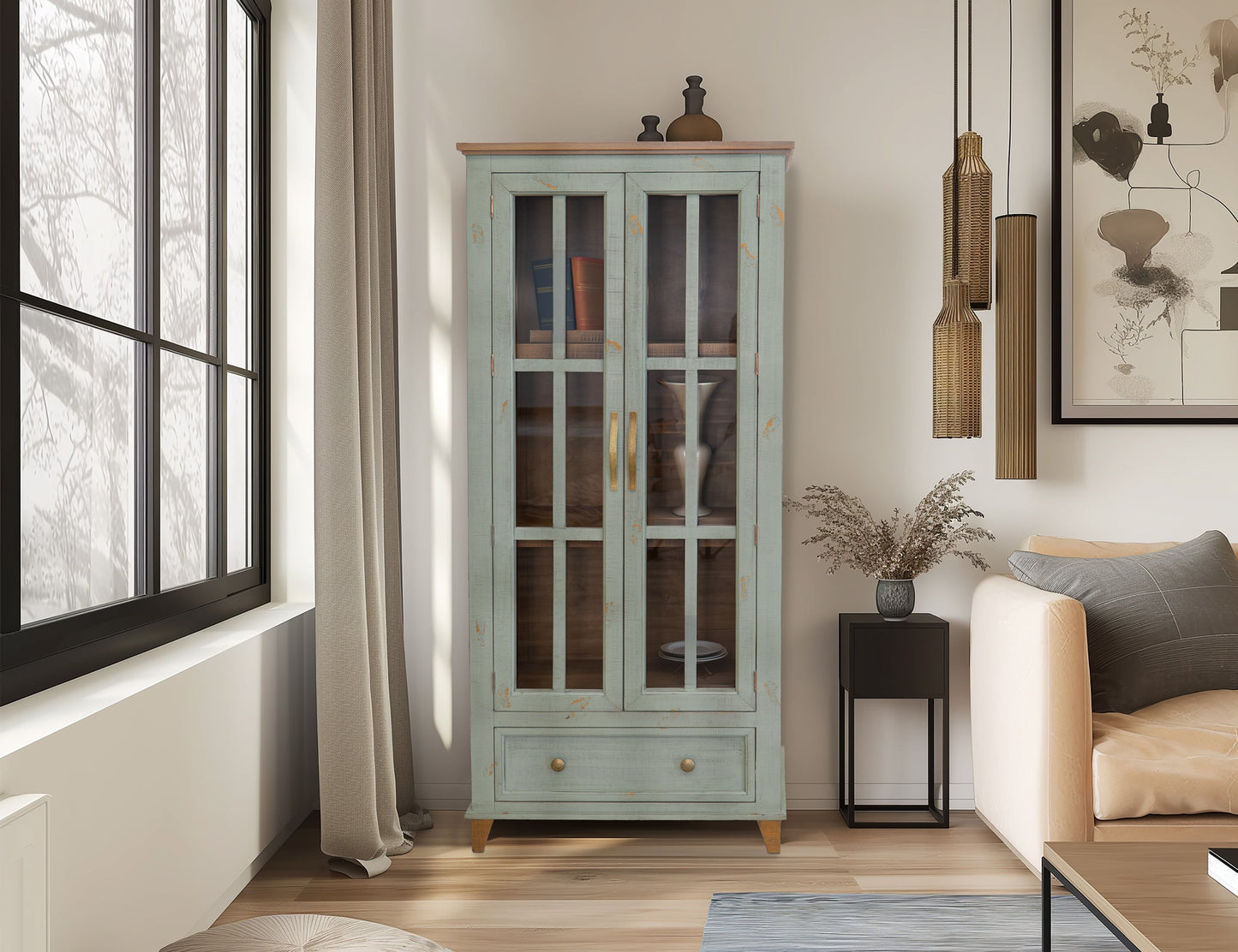 1 Drawer, 2 Glass Doors Cabinet - Sage Green