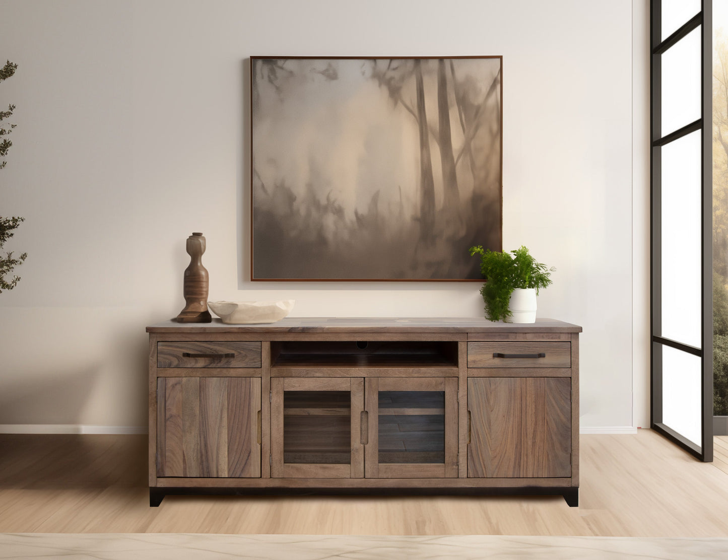 2 Drawer, 2 Door, 2 Glass Door 80" TV Stand - Brown Cappuccino