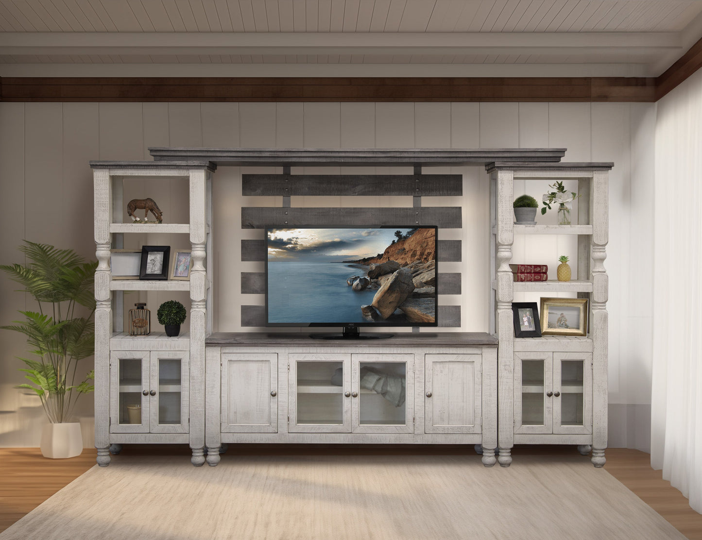 2 Door Bookcase Pier for Wall Unit - Antiqued Ivory & Weathered Gray