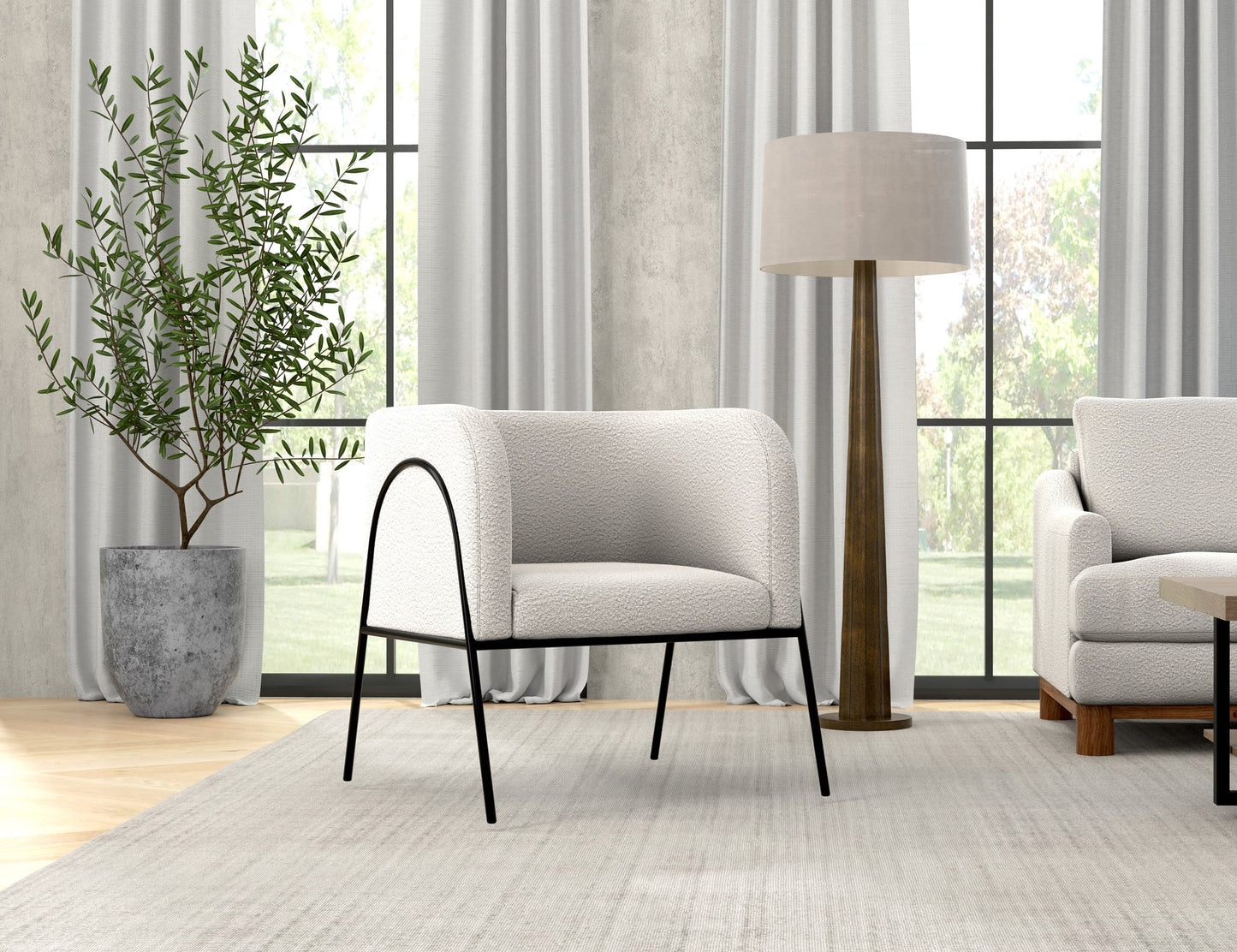 Wooden Frame & Metal Base, Armchair - Light Cream