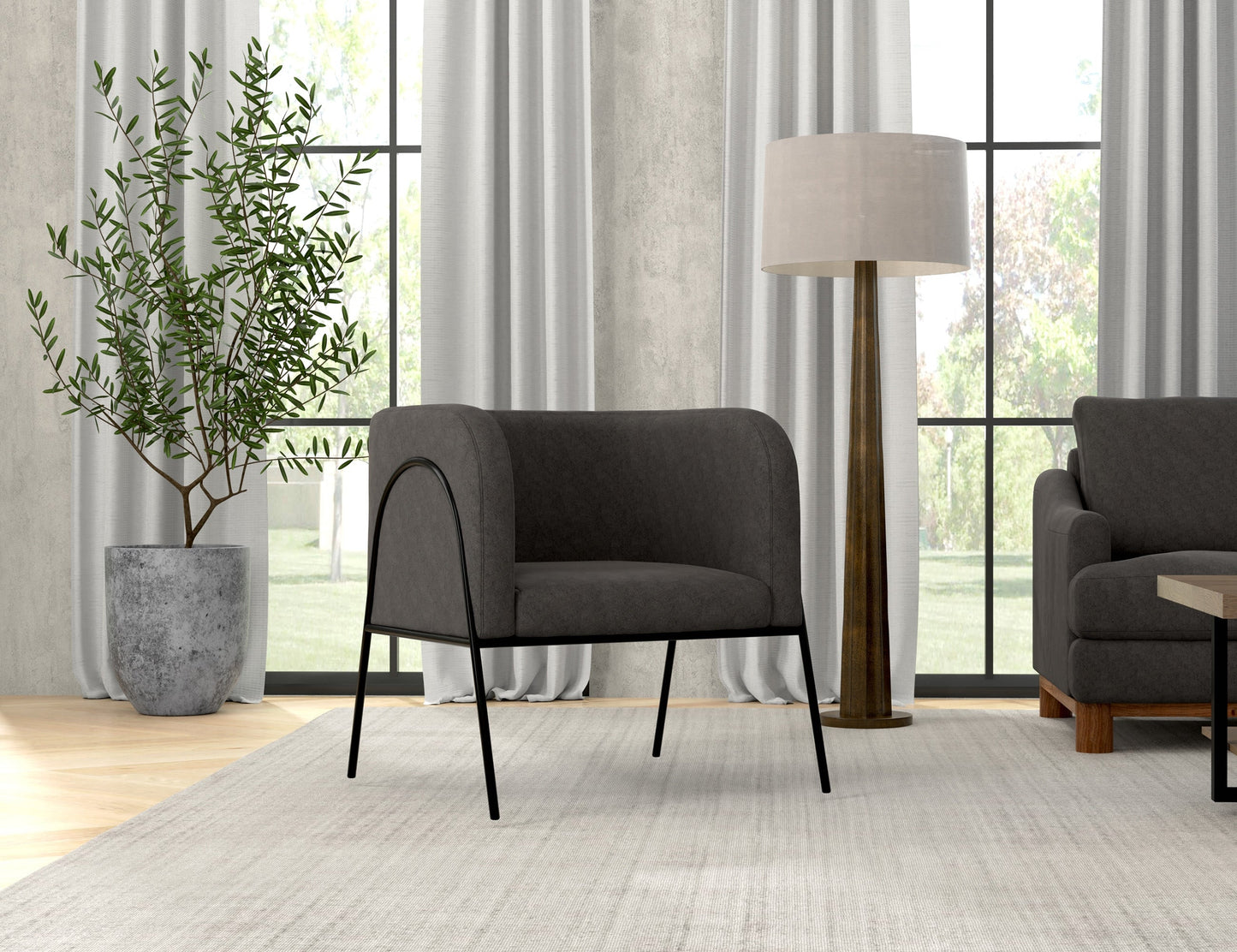 Wooden Frame & Metal Base, Armchair - Iron Gray