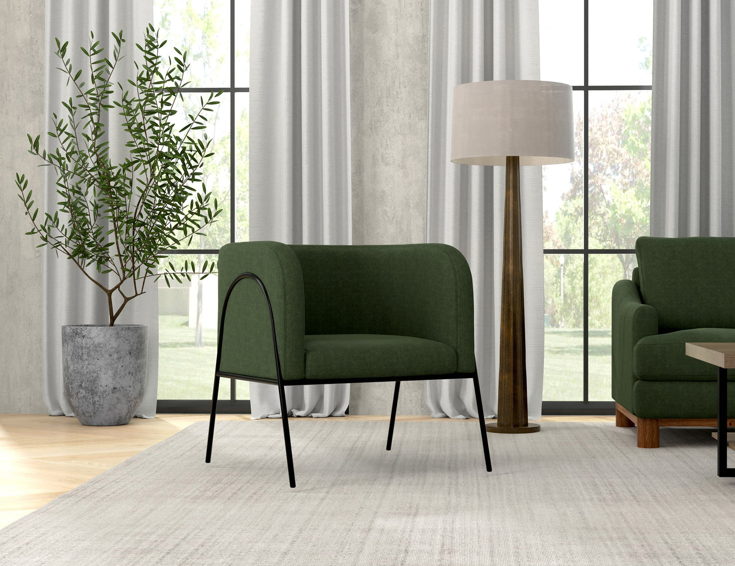 Wooden Frame & Metal Base, Armchair - Olive Green